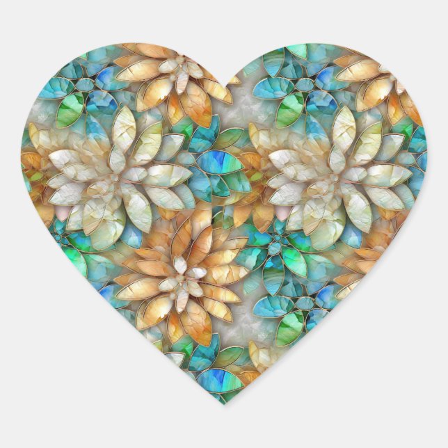Aqua Gold White Flowers Heart Sticker (Front)