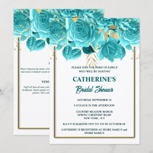 Aqua gold white rose watercolor bridal shower invitation