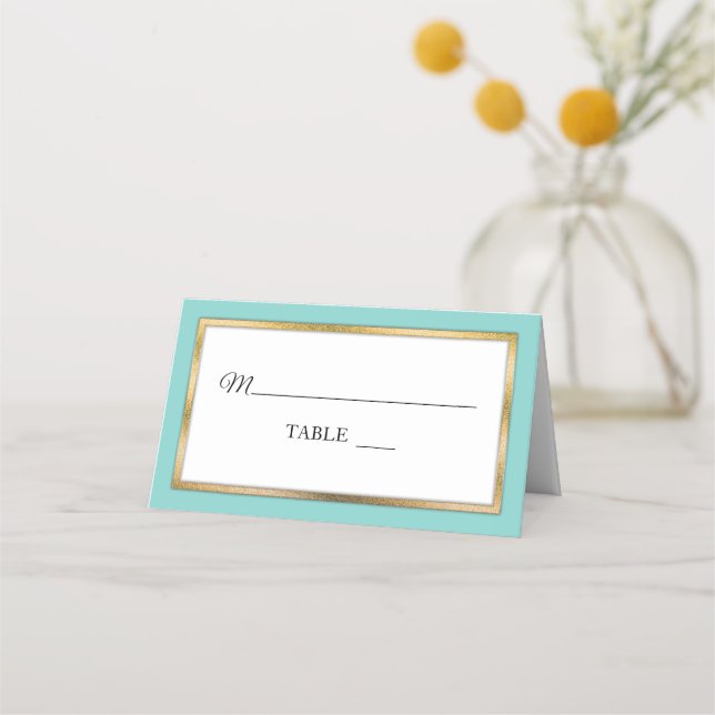 Aqua | Gold | White Simple Elegant Place Cards (Front)