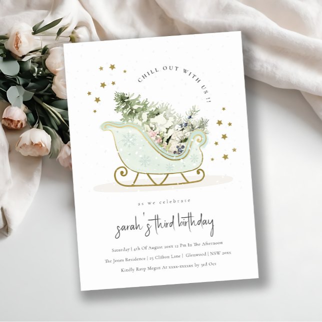 Aqua Gold Winter Sleigh Any Age Birthday Invite (Creator Uploaded)