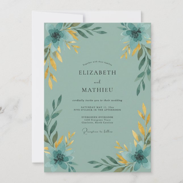 Aqua Golden Leafy Wedding Invitation (Front)