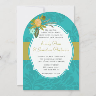 Aqua Golden Lime Chartreuse Damask Wedding Invite