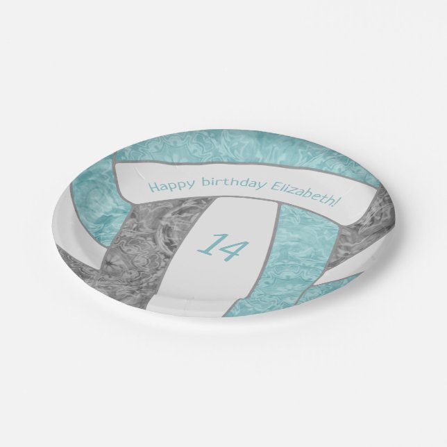 aqua gray girly volleyball birthday party paper plate (Angled)