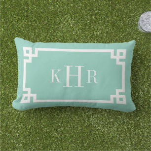 Aqua Greek Key Border Custom Monogram Outdoor Cushion