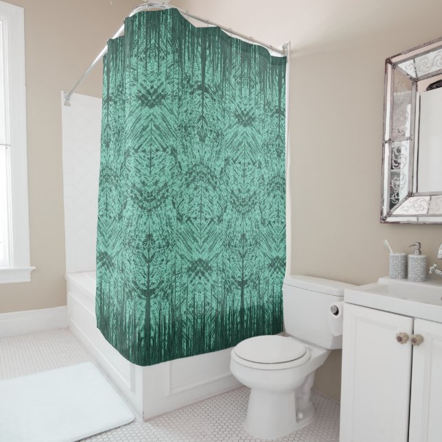 Aqua Green Abstract Tiki Pattern Shower Curtain (In Situ)