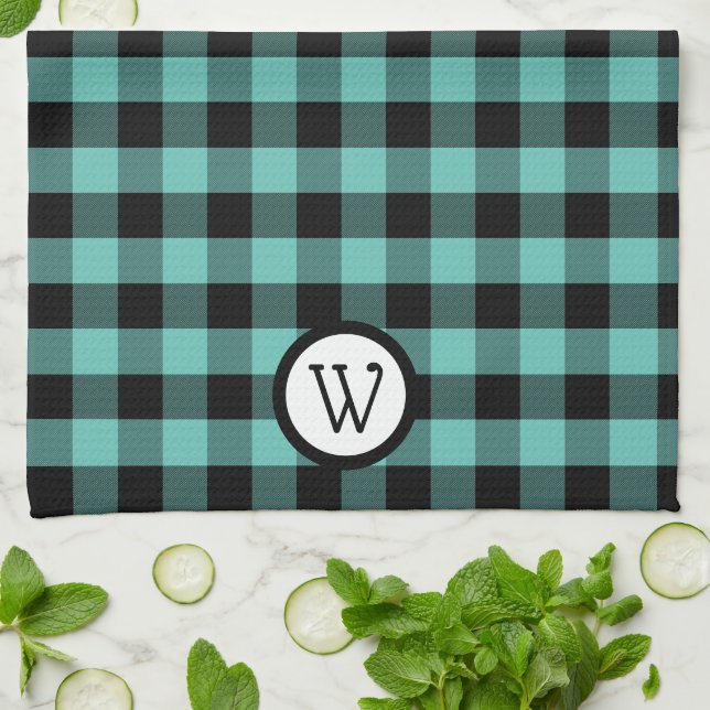 Aqua Green and Black  Buffalo Plaid with Monogram Tea Towel (Folded)