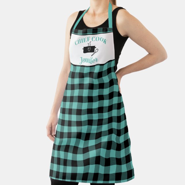 Aqua Green and Black Cook Buffalo Plaid Pattern Apron (Insitu)