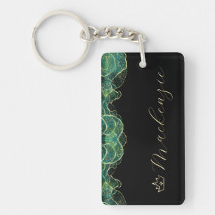 Aqua Green and Gold Elegant Script Personalised Key Ring