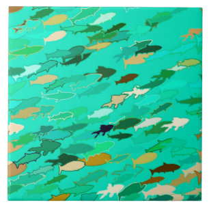Aqua, green and gold swimming fish tile