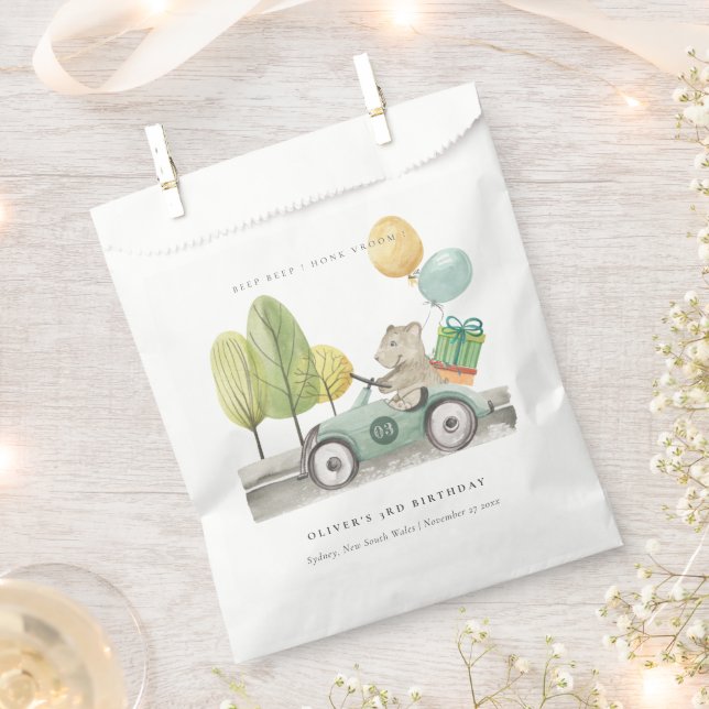 Aqua Green Any Age Birthday Party Teddy Car Favour Bags (Clipped)