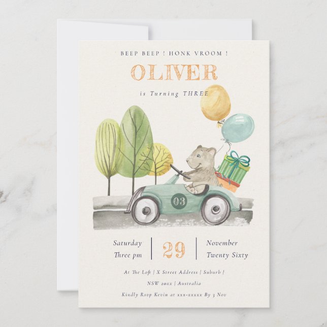 Aqua Green Any Age Birthday Party Teddy Car Invite (Front)