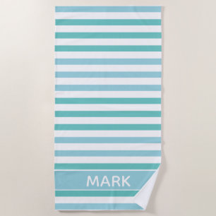 Aqua Green Blue And White Striped Personalised Beach Towel