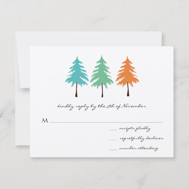 Aqua Green Coral Forest Pine Tree Wedding RSVP Card (Front)