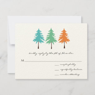 Aqua Green Coral Forest Pine Tree Wedding RSVP Card