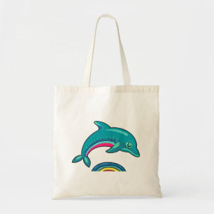 Aqua Green Dolphin Arching Over Rainbow Water Tote Bag