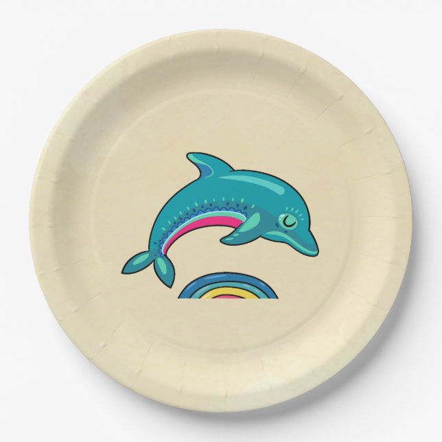 Aqua Green Dolphin Curved Over Rainbow Water Paper Plate (Front)