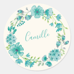 Aqua Green Floral Wreath Personalised Name Spring Classic Round Sticker