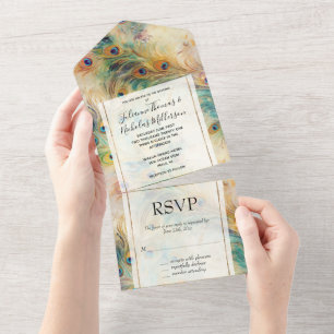 Aqua Green Gold Peacock Feathers All In One Invitation