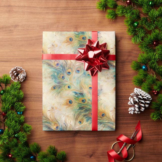 Aqua Green Gold Peacock Feathers Wrapping Paper (Holiday Gift)