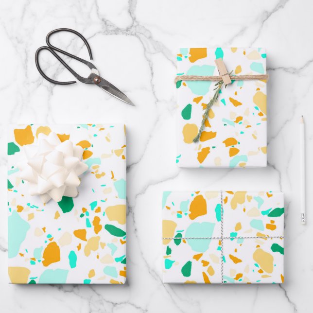 Aqua Green Gold Terrazzo Handmade Pattern Gift  Wrapping Paper Sheet (Front)