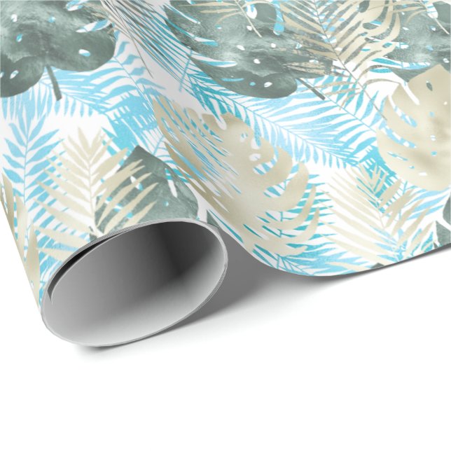 Aqua Green Gold Tropical Leaves Wrapping Paper (Roll Corner)