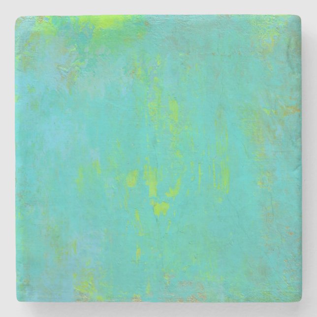 Aqua Green, Lime and Brown Ochre Grunge Abstract Stone Coaster (Front)