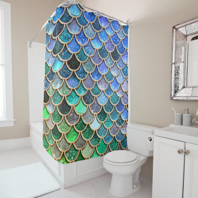 Aqua green Mermaidscales Spring Glitter for Girls Shower Curtain (In Situ)