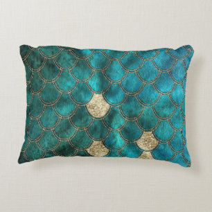 Aqua green Mermaidscales with gold glitter Decorative Cushion