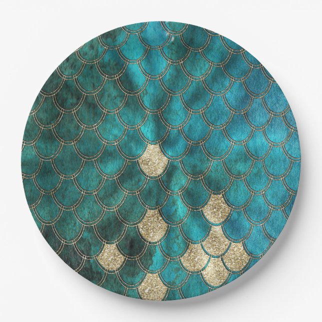Aqua green Mermaidscales with gold glitter Paper Plate (Front)