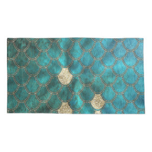 Aqua green Mermaidscales with gold glitter Pillowcase