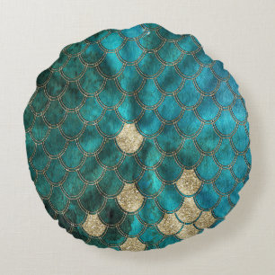 Aqua green Mermaidscales with gold glitter Round Cushion