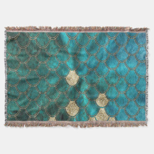 Aqua green Mermaidscales with gold glitter Throw Blanket