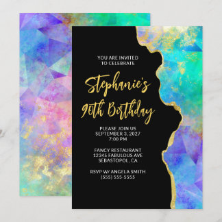 Aqua Green Multi Fire Opal Gold Glam 90th Birthday Invitation