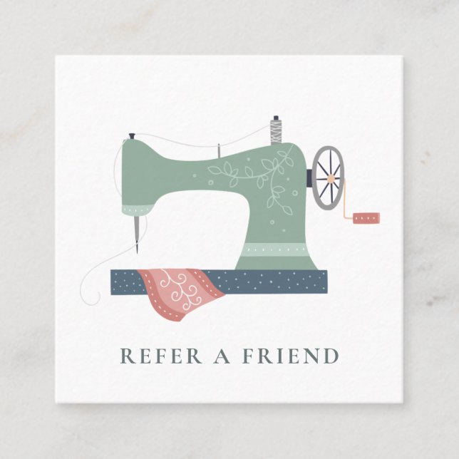 AQUA GREEN PEACH PINK SEWING MACHINE REFER FRIEND SQUARE BUSINESS CARD (Front)