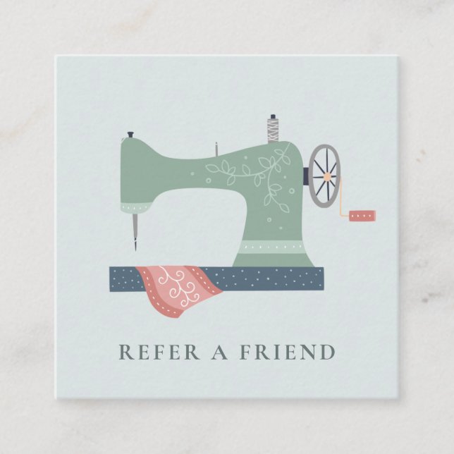 AQUA GREEN PEACH PINK SEWING MACHINE REFER FRIEND SQUARE BUSINESS CARD (Front)