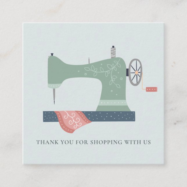 AQUA GREEN PEACH SEWING MACHINE THANK YOU SHOPPING SQUARE BUSINESS CARD (Front)