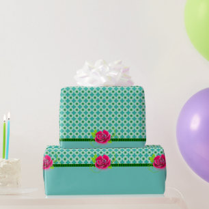 Aqua & Green Polka Dot   Pink Rose with Solid Band Wrapping Paper