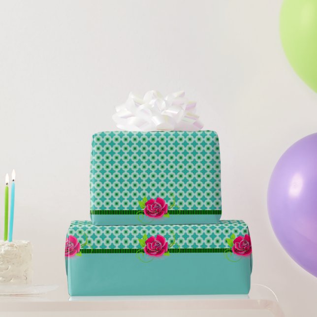 Aqua & Green Polka Dot | Pink Rose with Solid Band Wrapping Paper (Party Gifts)