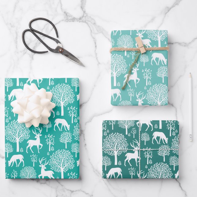 Aqua Green Reindeer Christmas Wrapping Paper (Front)
