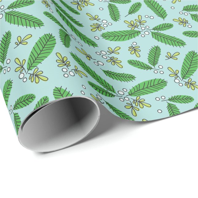 Aqua Green Retro Pine Branch Christmas Holiday Wrapping Paper (Roll Corner)