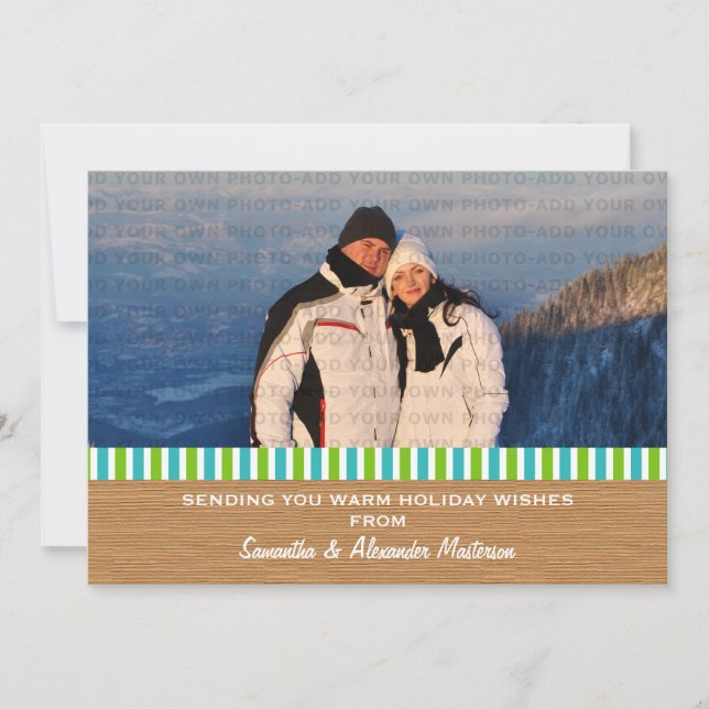 Aqua/Green Rustic Stripes Photo Card (Front)