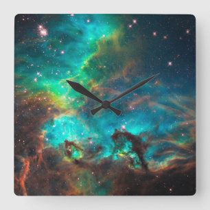 Aqua Green Star Cluster Celestial Square Wall Clock