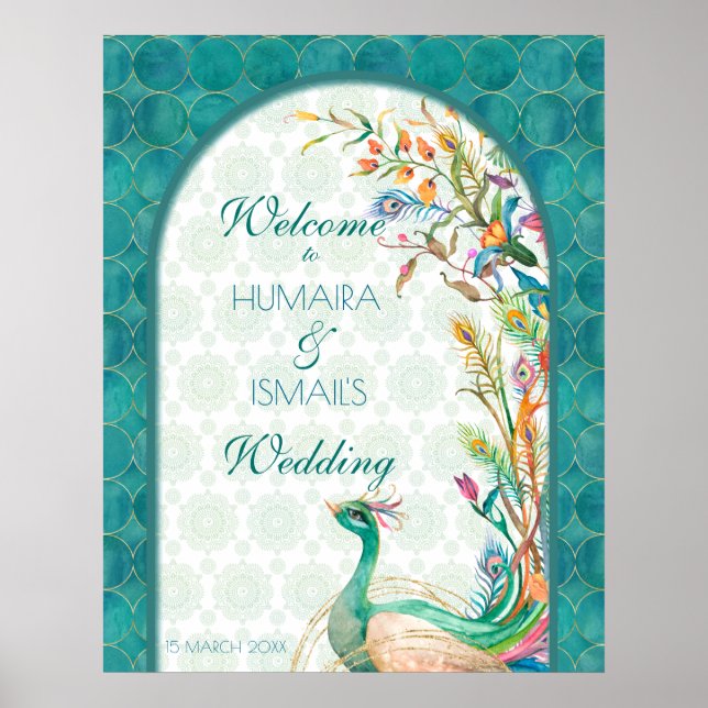 Aqua green teal Arabian floral peacock welcome Poster (Front)