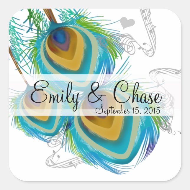 Aqua Grey 3 Peacock Feathers Wedding Sticker (Front)