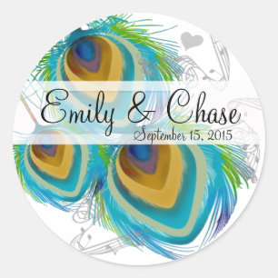Aqua Grey 3 Peacock Feathers Wedding Sticker