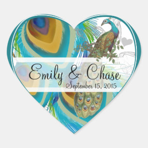 Aqua Grey 3 Peacock Feathers Wedding Sticker