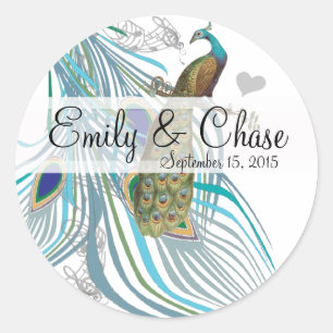 Aqua Grey 3 Peacock Feathers Wedding Sticker