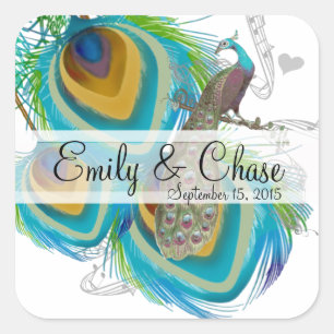 Aqua Grey 3 Peacock Feathers Wedding Sticker