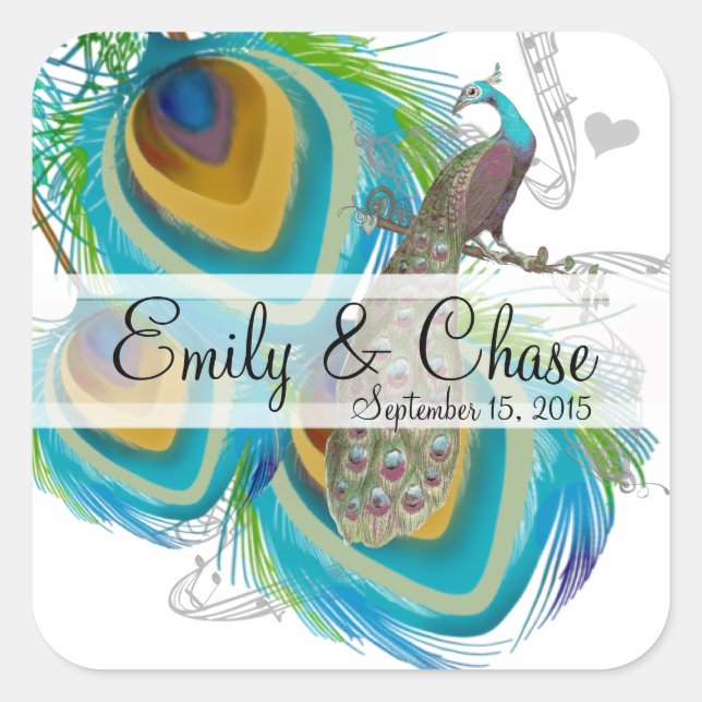 Aqua Grey 3 Peacock Feathers Wedding Sticker (Front)