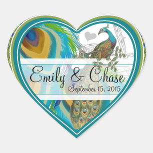 Aqua Grey 3 Peacock Feathers Wedding Sticker